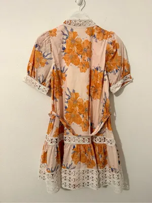 Entro Fall Floral Mini Dress Tie Belt Lace Detail Short Sleeve Size Small S thumbnail 6