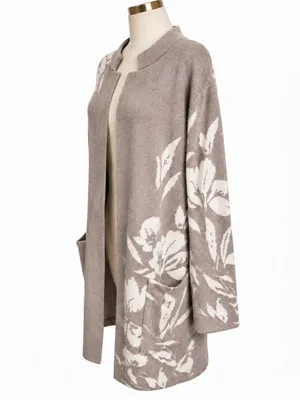 Joie XL Floral Intarsia Longline Cardigan Taupe Ivory Open Front Sweater thumbnail 3