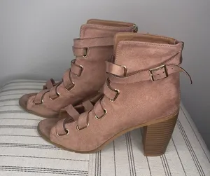Qupid- Pink Suede Open Toe Heels thumbnail 1