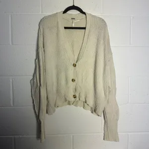 Free People Ivory Textured V-Neck Oversized Button Front Cardigan Sweater Medium thumbnail 2