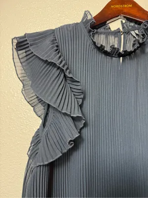 Anthropologie Pleated Sheer Chiffon Ruffle‎ Mock Neck Blouse Slate Blue Size M thumbnail 3