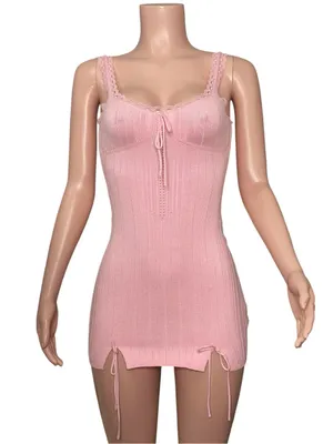 GUIZIO Dainty Lace Knit Mini Dress, Baby Pink, XS thumbnail 3