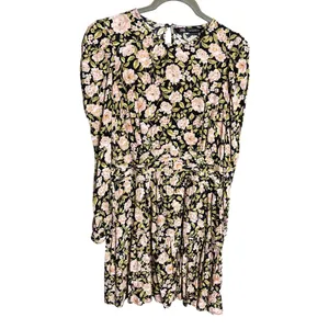 Zara Floral Puff Sleeve Mini Dress Size‎ Medium Retro Holiday Party Black Pink thumbnail 4