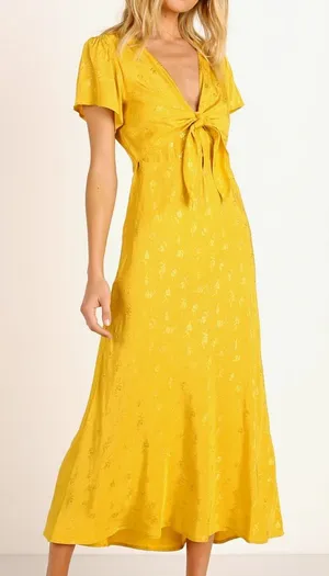 Astr Tie-Front Maxi Dress flutter sleeves Bright Yellow floral Size Small thumbnail 1