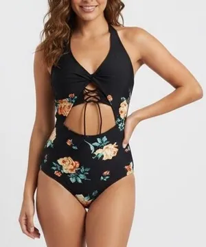 Cupshe One Piece Womens Small Black Floral‎ Stretch Padded Halter Neck Swimsuit thumbnail 1