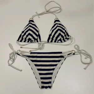 Relleciga Navy White Striped Triangle Bikini Set Size L Gold Hardware b13 thumbnail 1