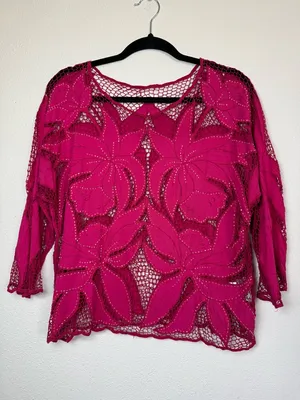 Surya Pink Beaded Sheer Floral Lace Top Boho Y2K Blouse Size L thumbnail 2