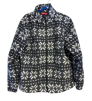 Womens XL Fleece Jacket Black‎ White Snowflake Zip Up Rhinestone Sparkle thumbnail 1
