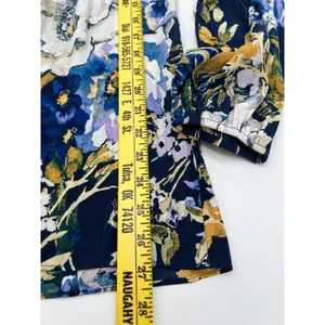 CHICO'S 0 Floral Peasant Blouse Women Small 4 Navy Blue Long Sleeve Split‎ Neck thumbnail 8