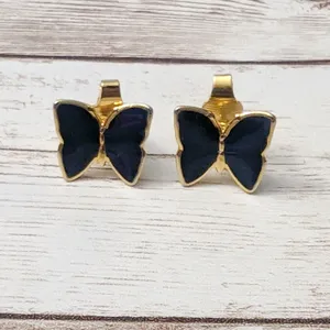 Vintage Clip On Earrings - Black & Gold Tone Butterfly - Clip Repair Needed thumbnail 1