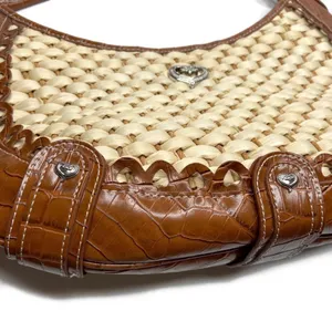 Brown Faux Leather & Woven Straw Silver Accents Purse Bag thumbnail 3