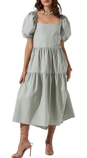 ASTR The Label llana Midi Dress Puff Sleeve Tiered‎ Skirt Tie Back Light Green M thumbnail 1