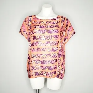 LOFT Floral‎ Striped Short Sleeve Blouse Boho Geometric Summer Top Pink Orange S thumbnail 3