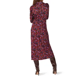 RTR Tanya Taylor Zoe Red Floral Ruched Mock Neck Long Sleeve Maxi Dress Sz Small thumbnail 2