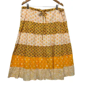 Boho Tiered‎ Midi Skirt L Yellow Patchwork Cottagecore Prairie Hippie Festival thumbnail 4
