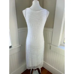 Escada White Beaded Mesh Overlay Sheath Midi Dress Sleeveless Size M thumbnail 2