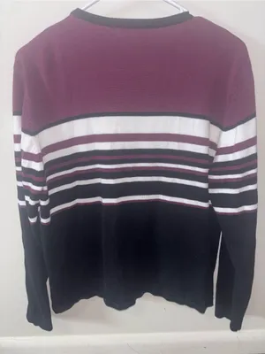 dressbarn Burgundy, Black & White Striped Button Cardigan thumbnail 2