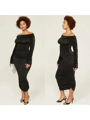 Bronx and Banco Amara Off The Shoulder Linen Midi Dress L Black Ruched Sparkle thumbnail 3