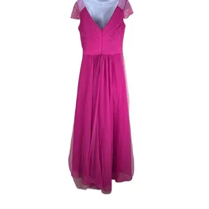 JJs House Hot Pink Formal Ballgown Dress Hi Low Beaded Cap‎ Sleeves Barbie Prom thumbnail 2