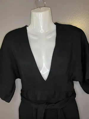 Topshop Dress Womens 6 Black V Neck Kimono Sleeve Cutout Back Tie Waist Midi thumbnail 1
