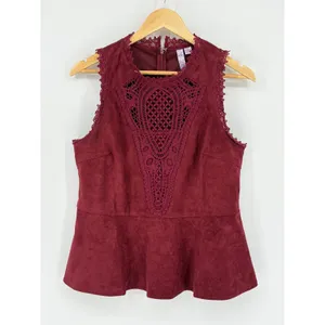 Alya Burgundy Faux‎ Suede Crochet Peplum Top Size Large Wine Red Whimsigoth thumbnail 3