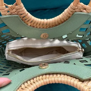 Sage green lattice purse with woven bamboo handle thumbnail 3