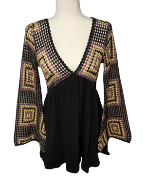 ASOS Design Crochet Granny Square Black Mini Dress Open Back Sz 6 Boho Festival thumbnail 1