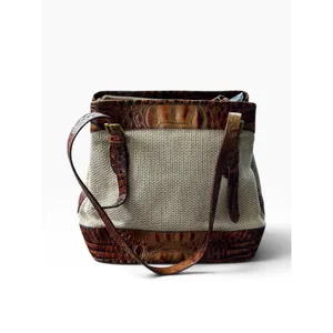 Vintage Y2K 90s Brahmin Harbor Tote Brown Leather Woven Crocodile Embossed Bag thumbnail 2