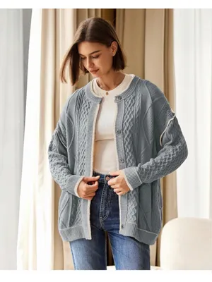 NEW Cable Knit Oversized Cardigan Button Up Striped Sweater S thumbnail 7
