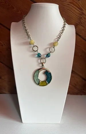 Vintage Teal, Green & Yellow Moon Pendant Necklace thumbnail 1