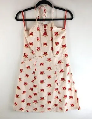 Tulle Dress A Line Halter Pockets Floral Geometric Retro Mod Ivory Red XS thumbnail 1