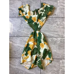 Farm Rio Tropical Anthurium Cutout Romper XS Yellow Green Linen thumbnail 2