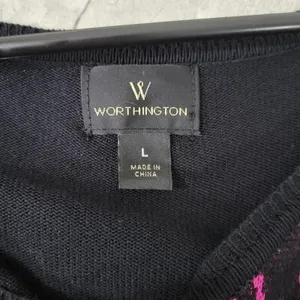 Worthington Womens Top Size L Pink Black Geometric Knit Short Sleeve‎ thumbnail 3