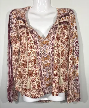 Lucky Brand Womens Boho Floral Paisley Peasant Top Tassel Studded Orange Small‎ thumbnail 1