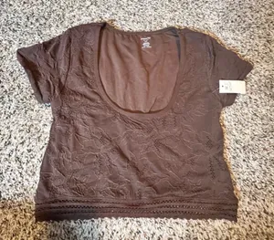 Aerie Superchill Brown Floral Lace Scoop‎ Neck Crop Top Short Sleeve Small NWT thumbnail 1