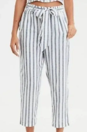 American Eagle Straight Leg Belted Elastic Waist Pants White Blue Stripe Large thumbnail 1