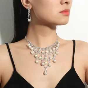 Bridal Wedding Jewelry Set Crystal Pearl Bridesmaid Party Necklace Drop Dangle Earrings Set thumbnail 4