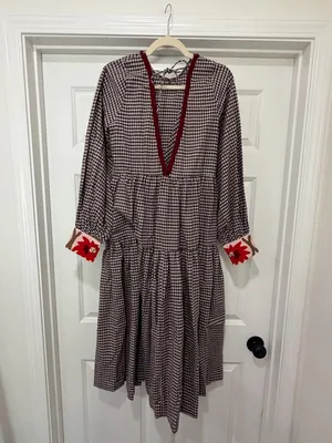 Free People x Rujuta Sheth Long-Sleeve Tiered Gingham Midi Dress with Red Trim thumbnail 2
