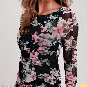 Lulus Ayana Black Pink Floral Ruched Mesh‎ Bodycon Dress SMALL thumbnail 3