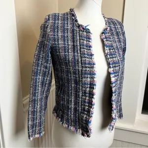 IRO Paris Multi Color Tweed Fringe Collarless Zip Pocket Jacket Blue Pink 36 4 thumbnail 4