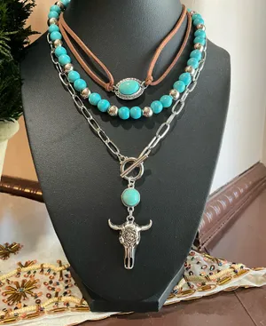 Turquoise and Silver Layered Necklace Set Blue thumbnail 1