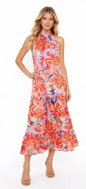 Vince Camuto Coral Floral Halter Maxi Dress thumbnail 1