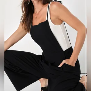 Lulu’s What a Wonderful Day Black Tie-Strap Overall Cotton Jumpsuit thumbnail 2
