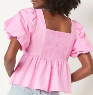 Old Navy Pink Puff Sleeve Ruched Smocked Babydoll Swing Top thumbnail 2