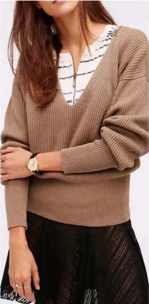 Free People Taupe Knit Allure Pull Over‎ Sweater Size XS Deep V Neck thumbnail 1