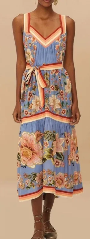 NEW FARM Rio Blue Superbloom Tapestry Belted Maxi Dress sz S thumbnail 1