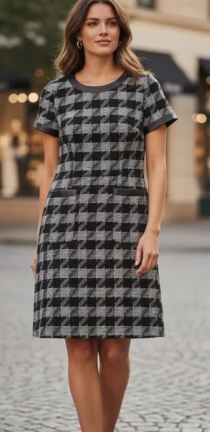 Karl Lagerfeld Paris Houndstooth Sheath Dress Faux Leather‎ Trim Black White 6 thumbnail 1