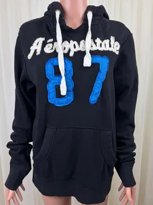 Aeropostale 87 Hoodie Sweatshirt Small Black Pullover Logo Kangaroo Pocket Y2K thumbnail 1