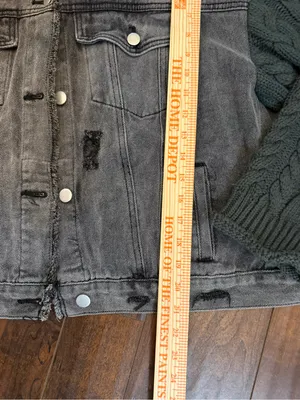 POL Washed Charcoal Black Distressed Denim Jacket with Dark Knit Sleeves Large thumbnail 7