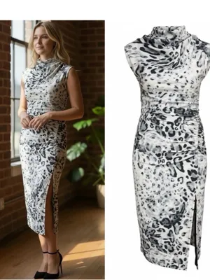 Adrienne Landau Black & White Leopard-Print Sleeveless Cowl Midi Dress thumbnail 2